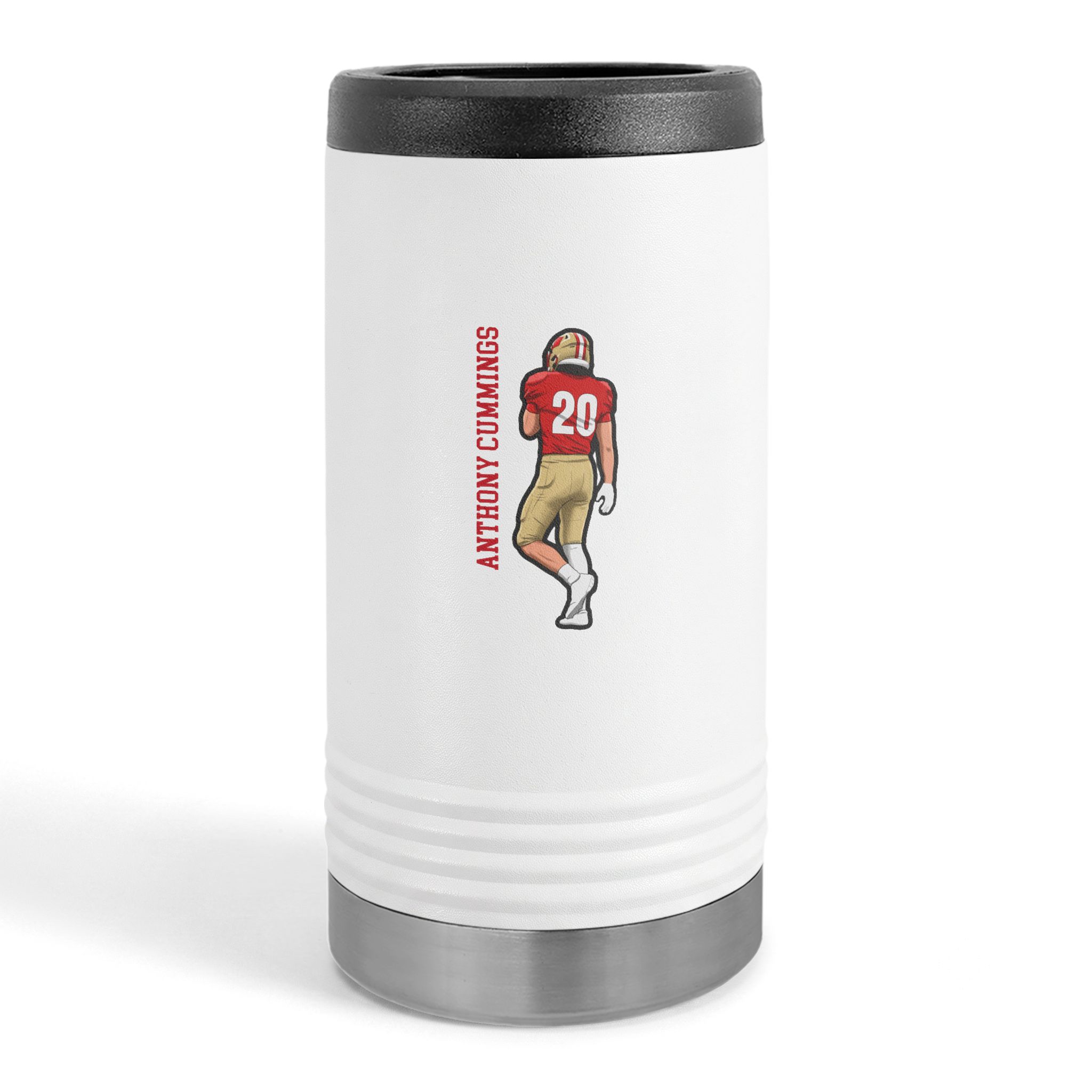 Slim Stainless Can Cooler — character_name_vertical in White