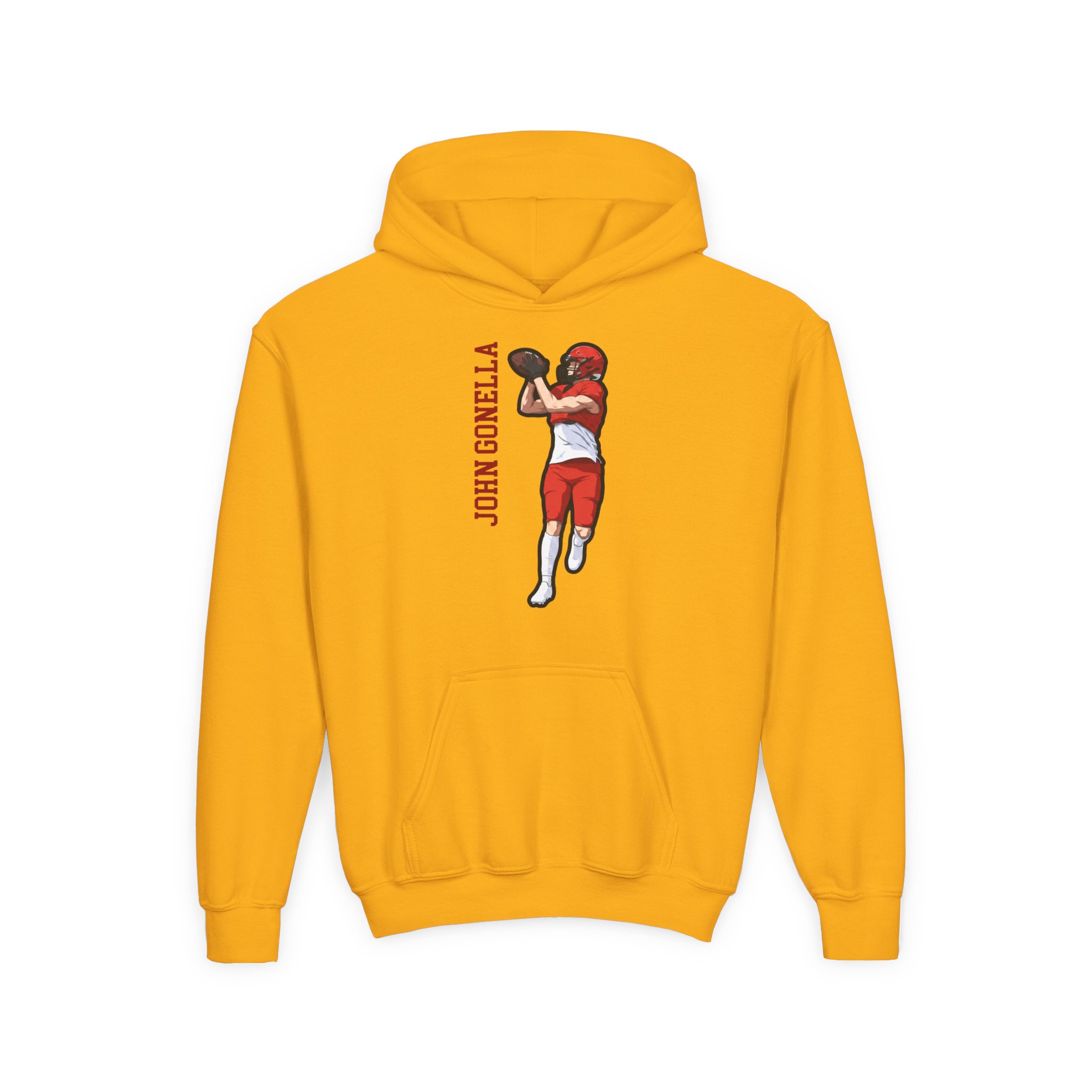Youth Hoodie — character_name_vertical in Gold