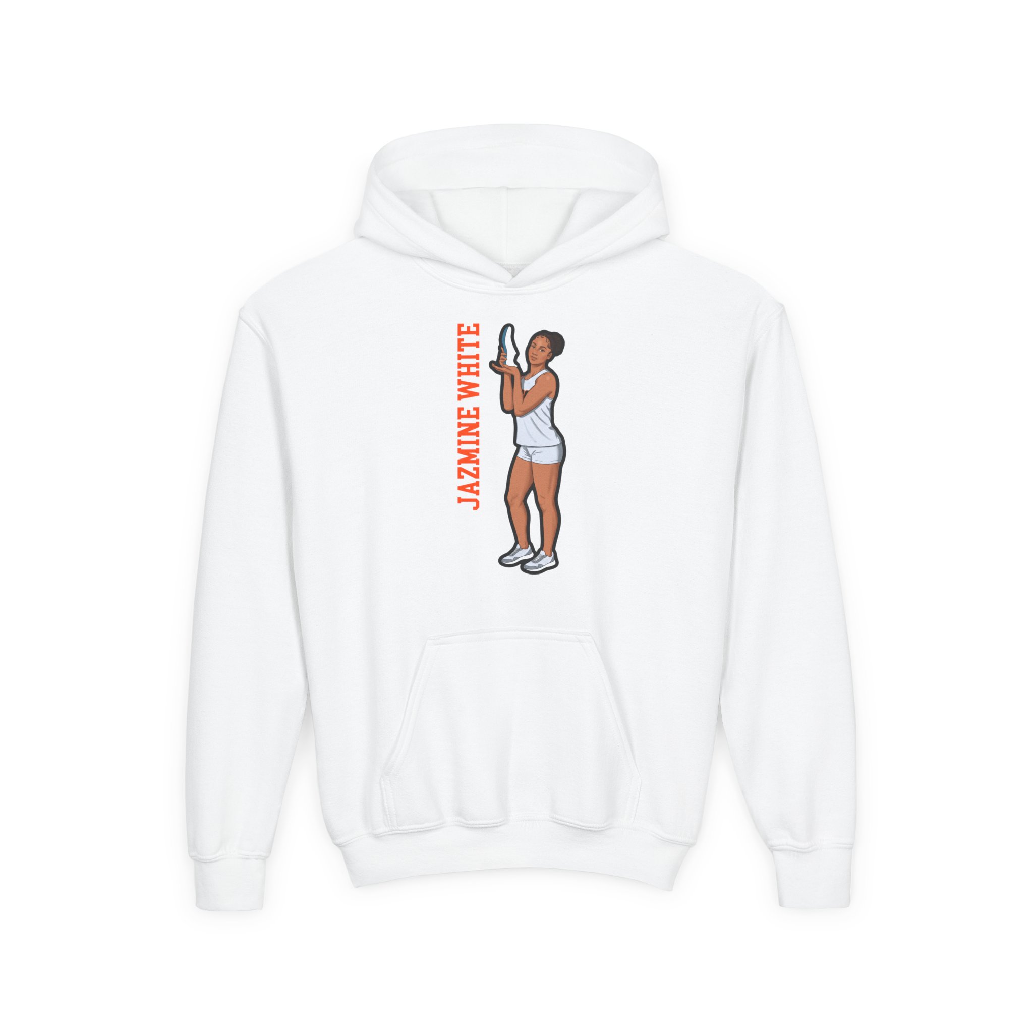 Youth Hoodie — character_name_vertical in White