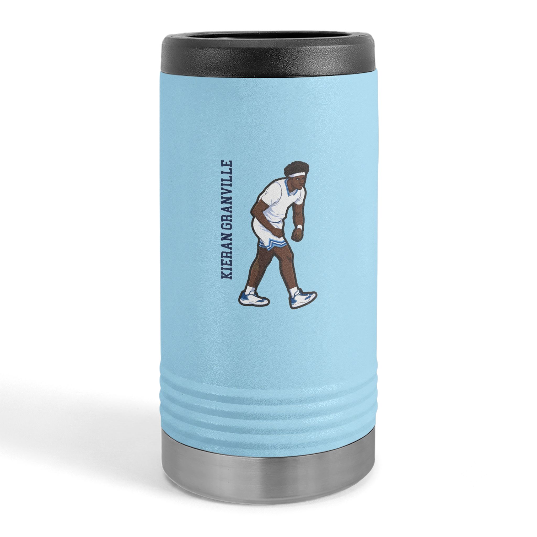 Slim Stainless Can Cooler — character_name_vertical in Light Blue
