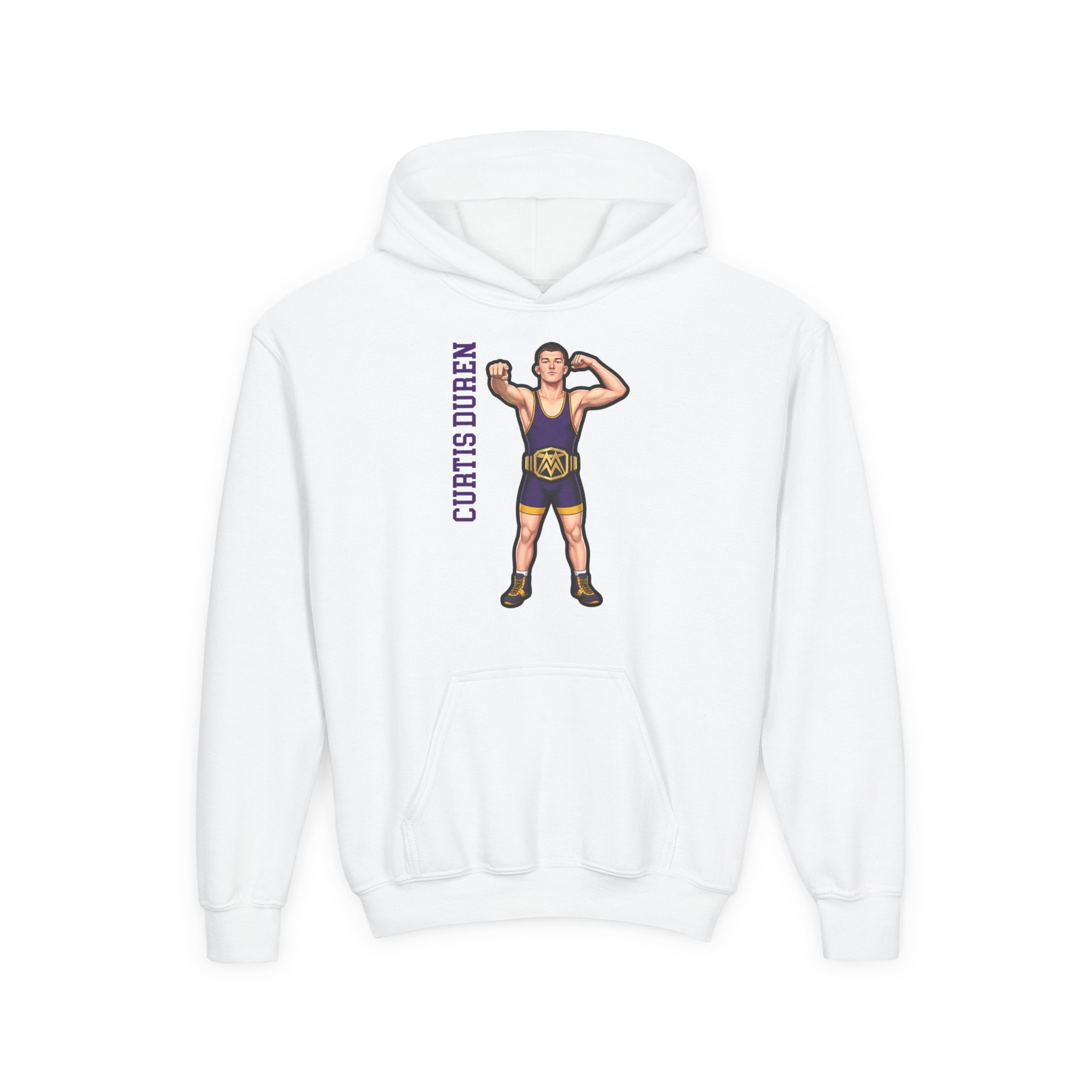 Youth Hoodie — character_name_vertical in White