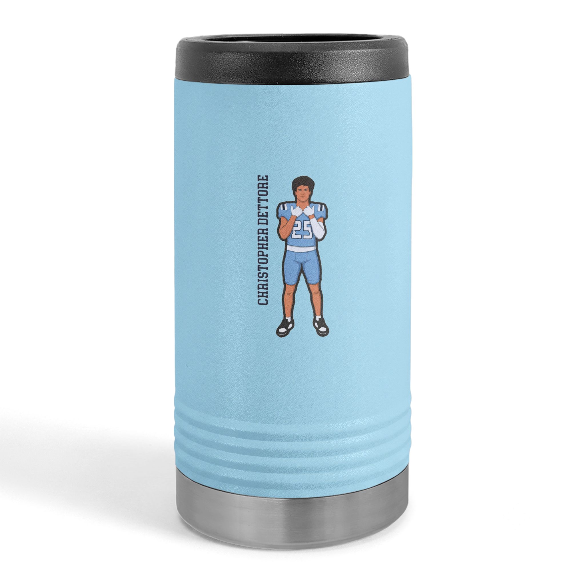 Slim Stainless Can Cooler — character_name_vertical in Light Blue