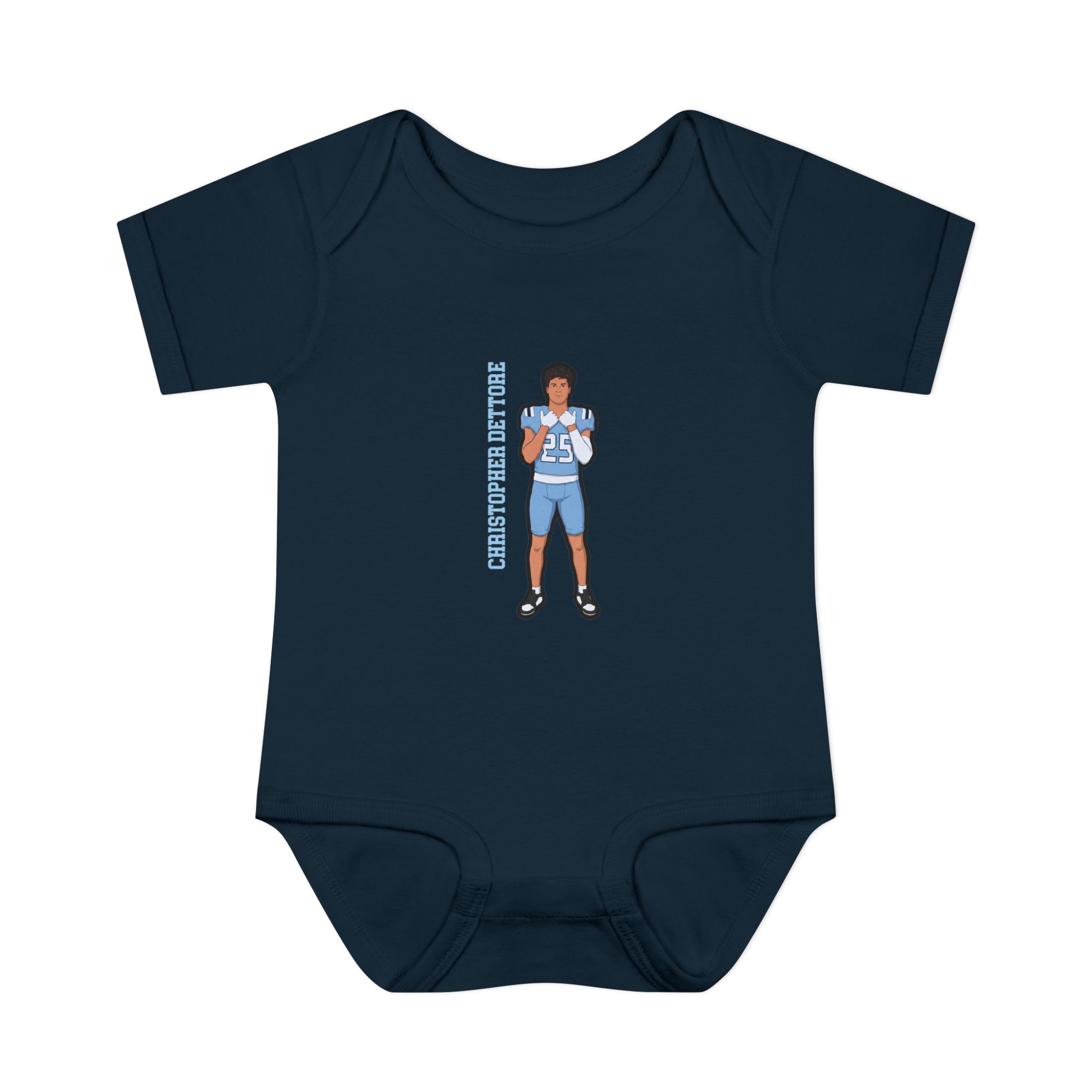 Baby Onesie — character_name_vertical in Navy
