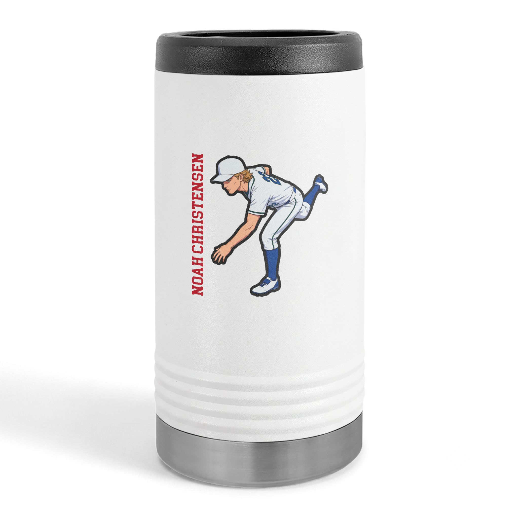 Slim Stainless Can Cooler — character_name_vertical in White