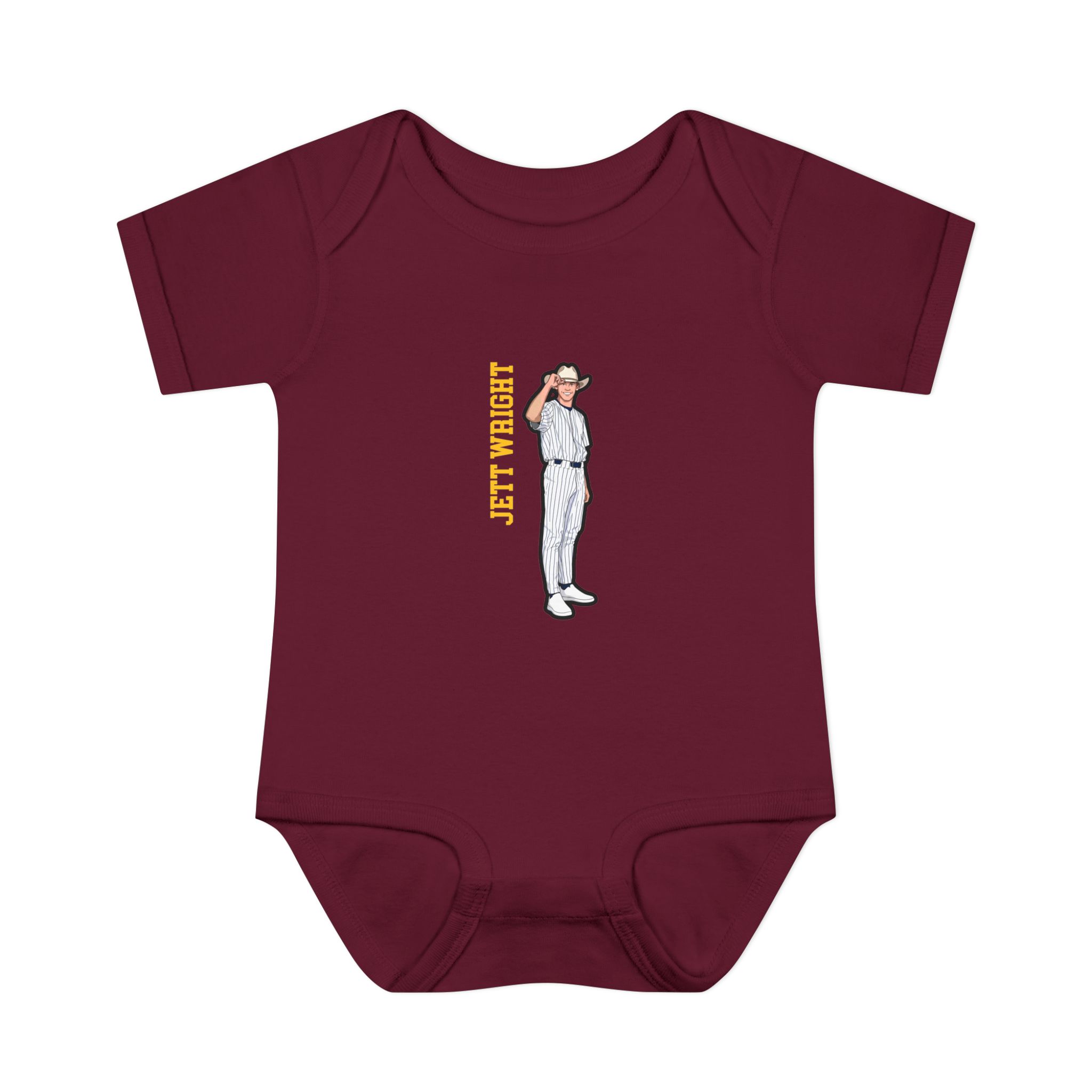 Baby Onesie — character_name_vertical in Maroon