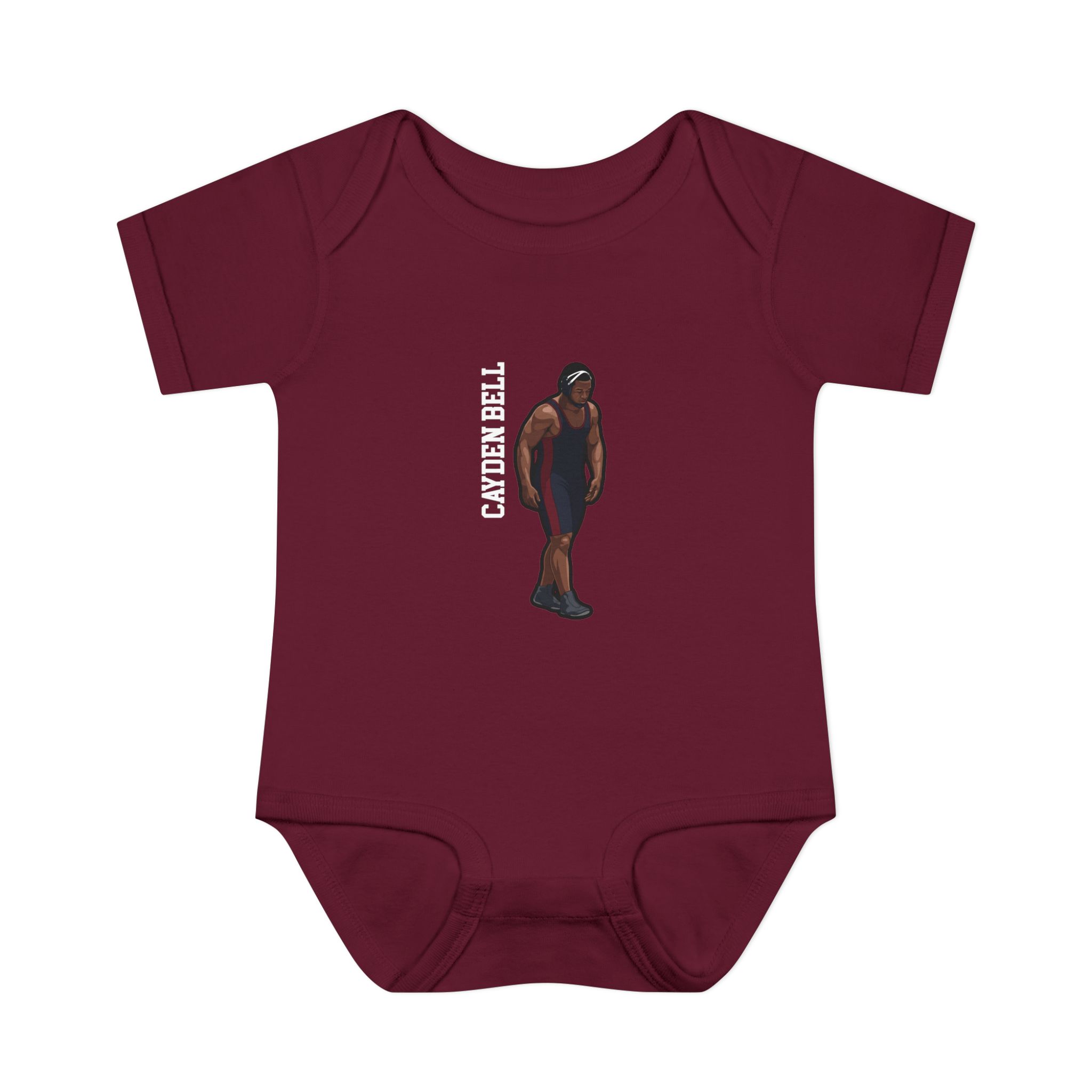 Baby Onesie — character_name_vertical in Maroon