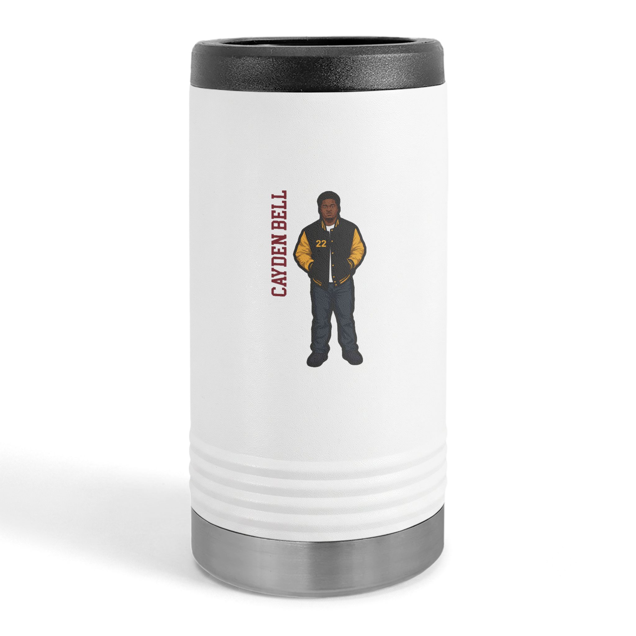 Slim Stainless Can Cooler — character_name_vertical in White