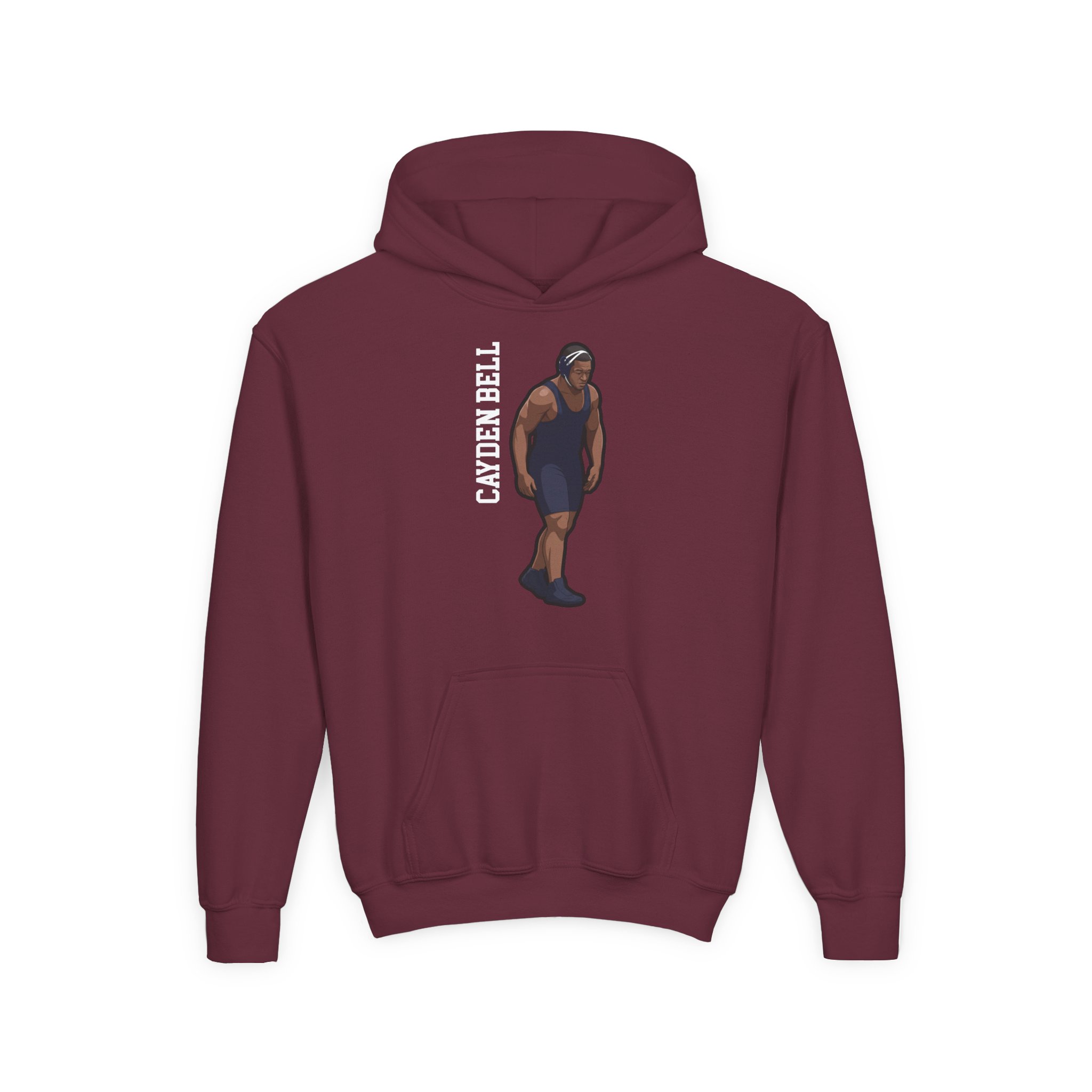 Youth Hoodie — character_name_vertical in Maroon