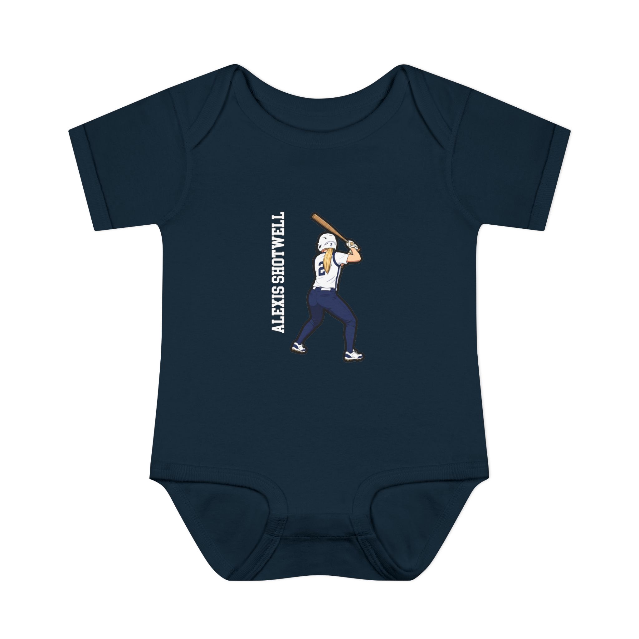 Baby Onesie — character_name_vertical in Navy