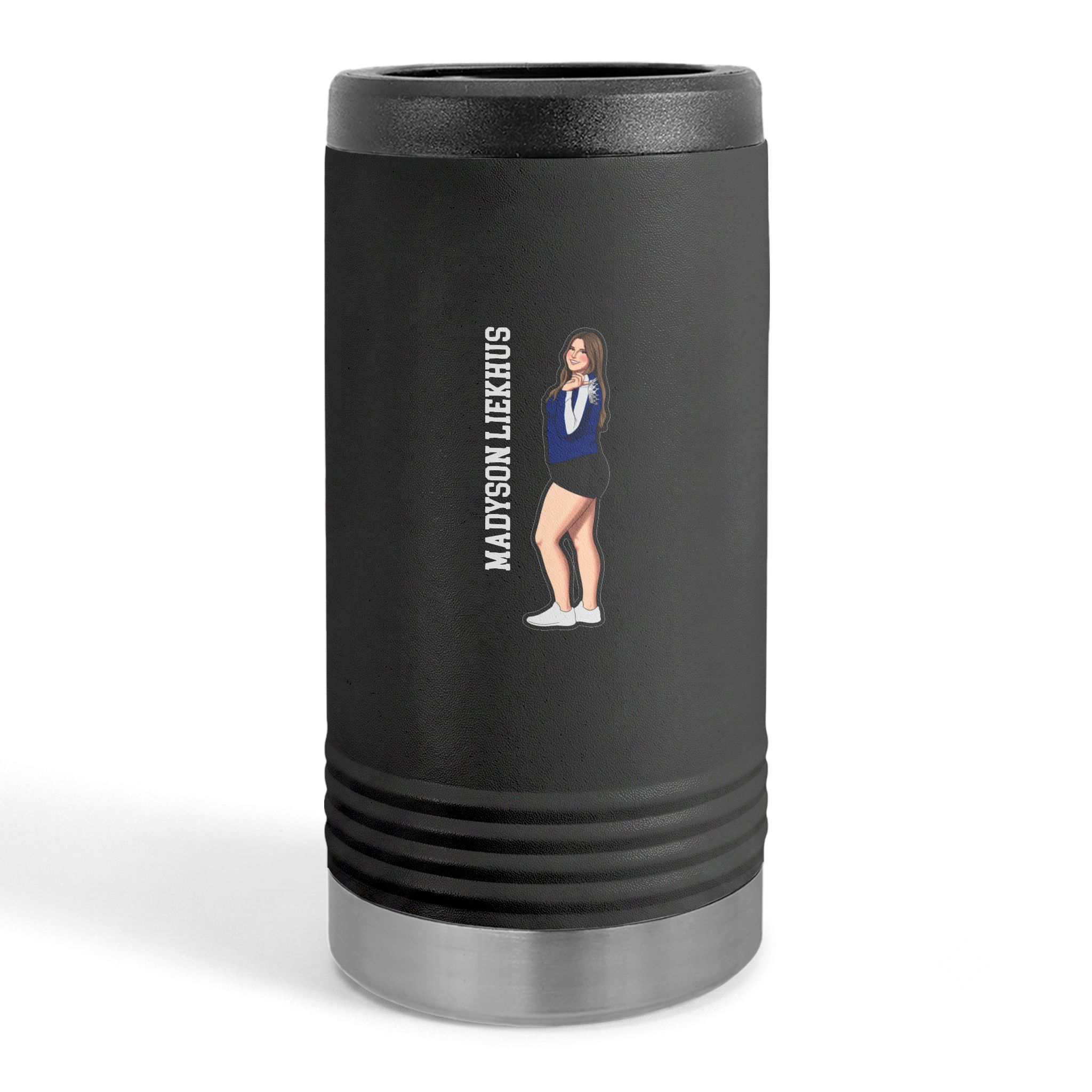 Slim Stainless Can Cooler — character_name_vertical in Black