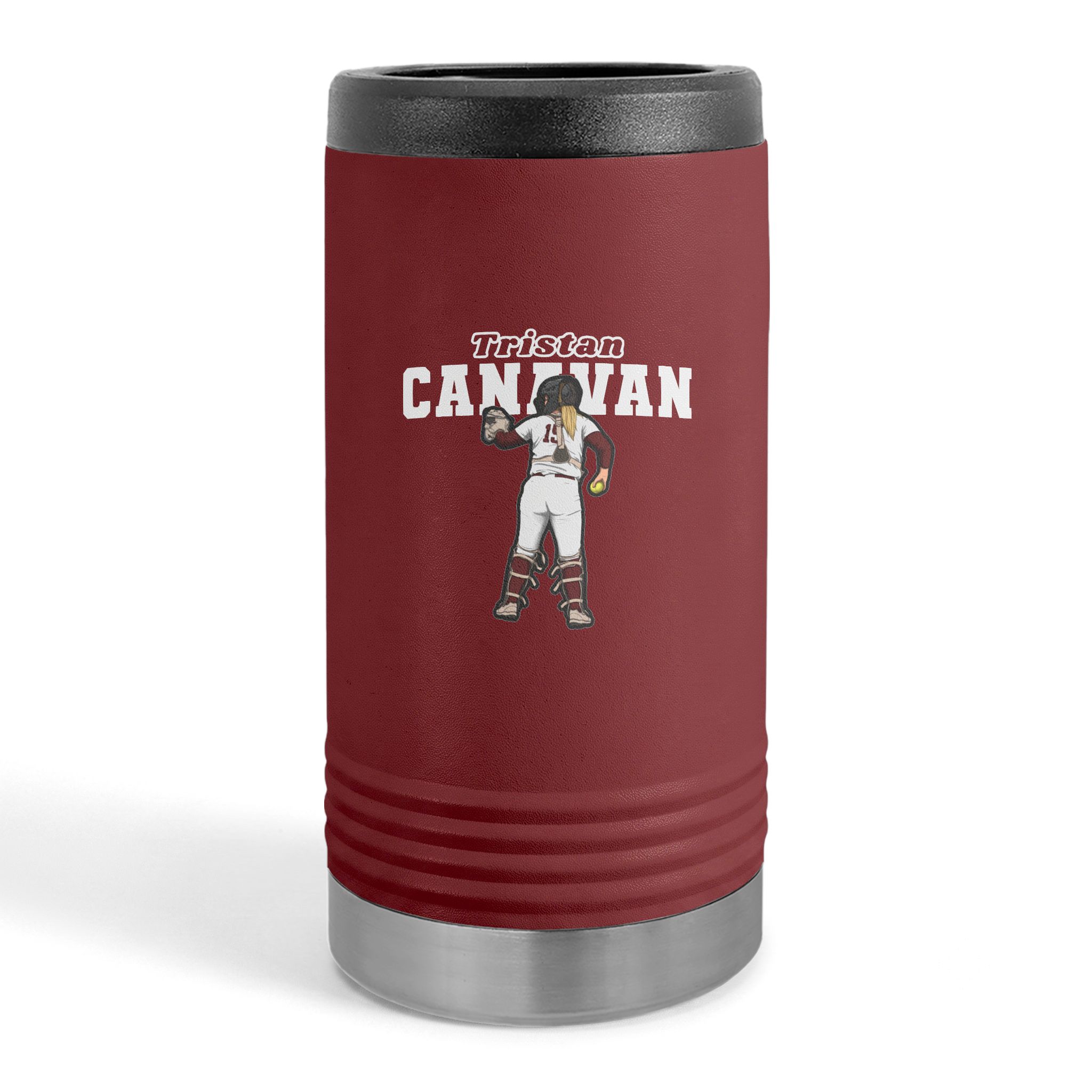 Slim Stainless Can Cooler — character_name_arch in Maroon