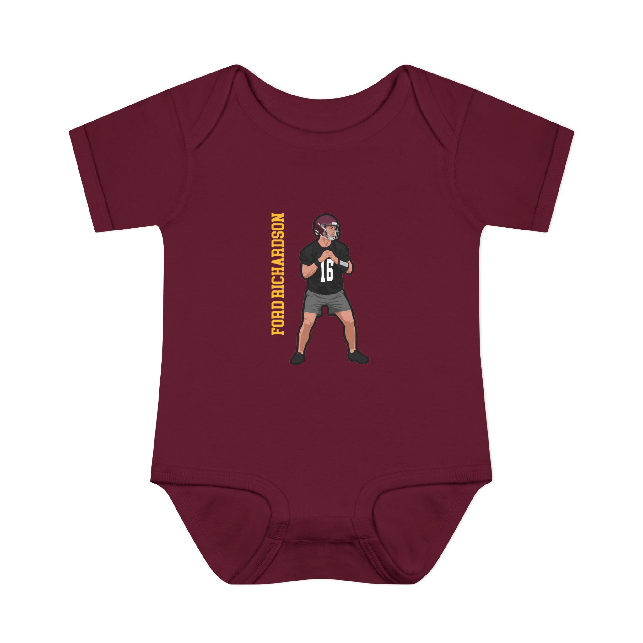Baby Onesie — character_name_vertical in Maroon