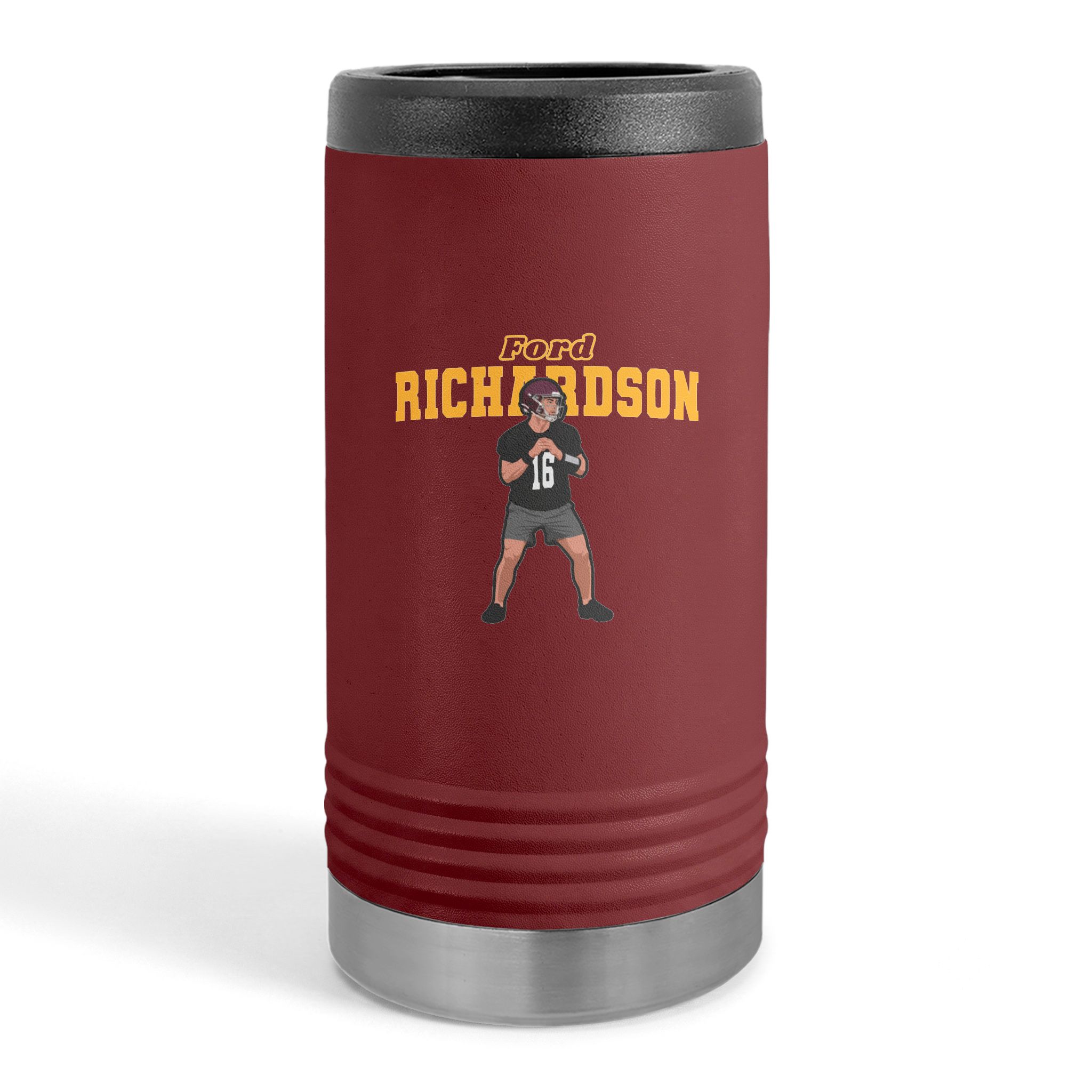 Slim Stainless Can Cooler — character_name_arch in Maroon