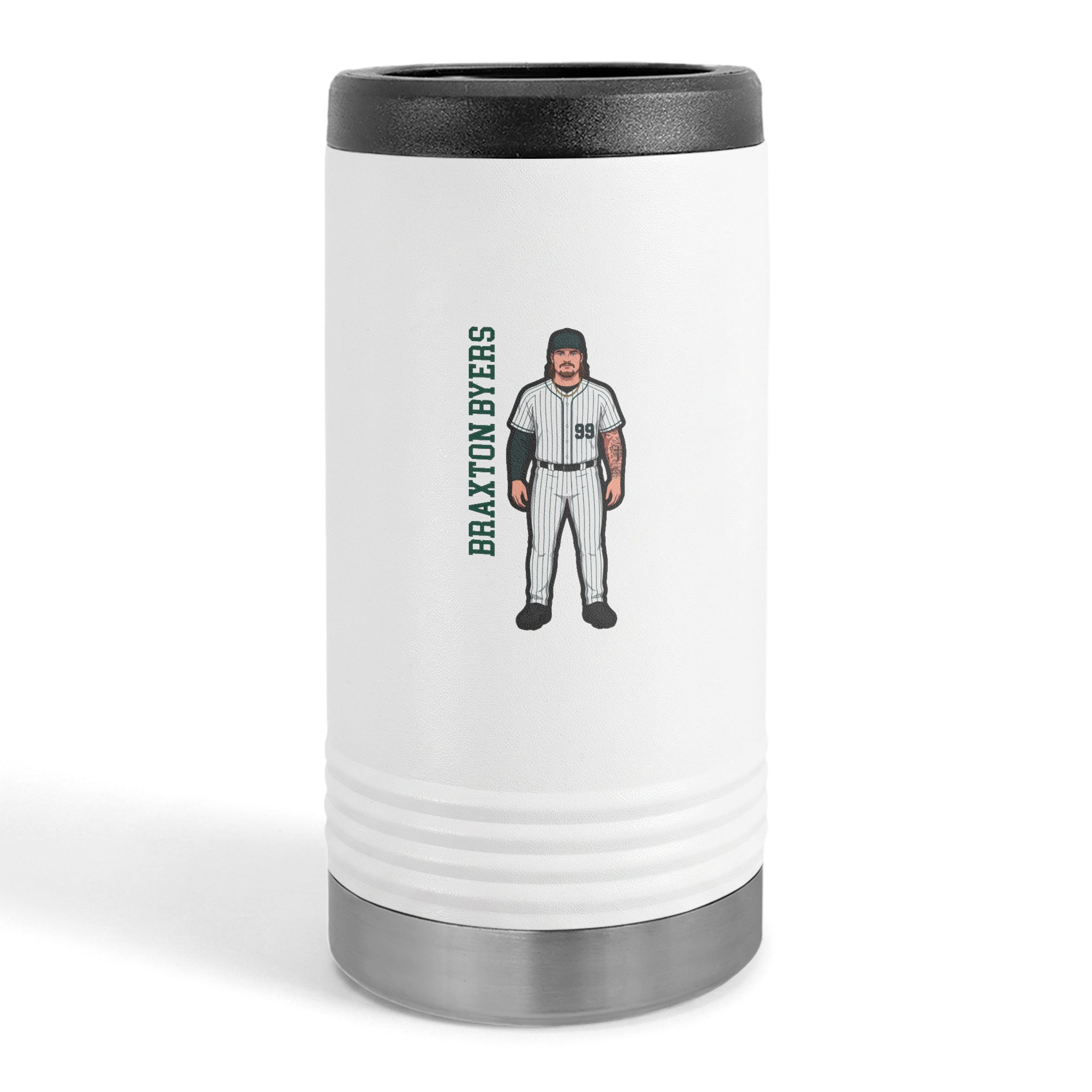 Slim Stainless Can Cooler — character_name_vertical in White