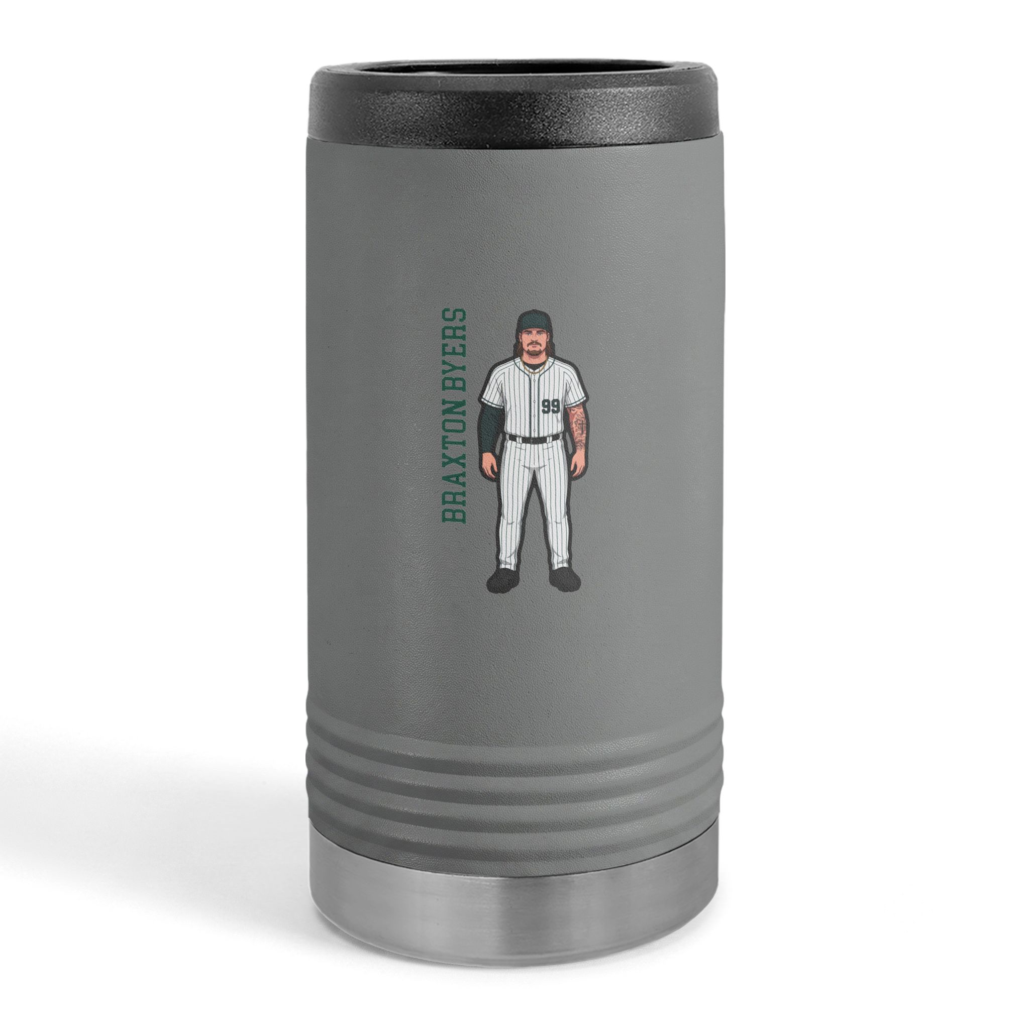 Slim Stainless Can Cooler — character_name_vertical in Grey