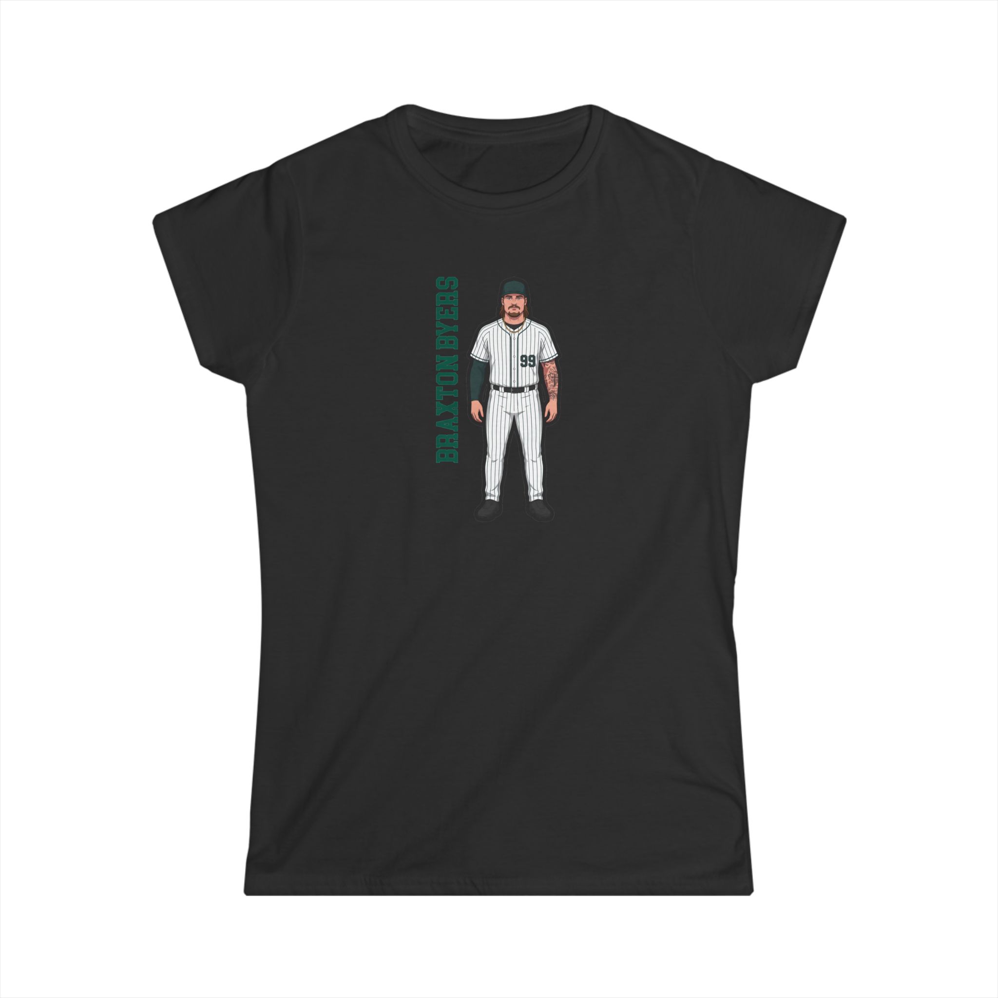 Women's Softstyle Tee — character_name_vertical in Black