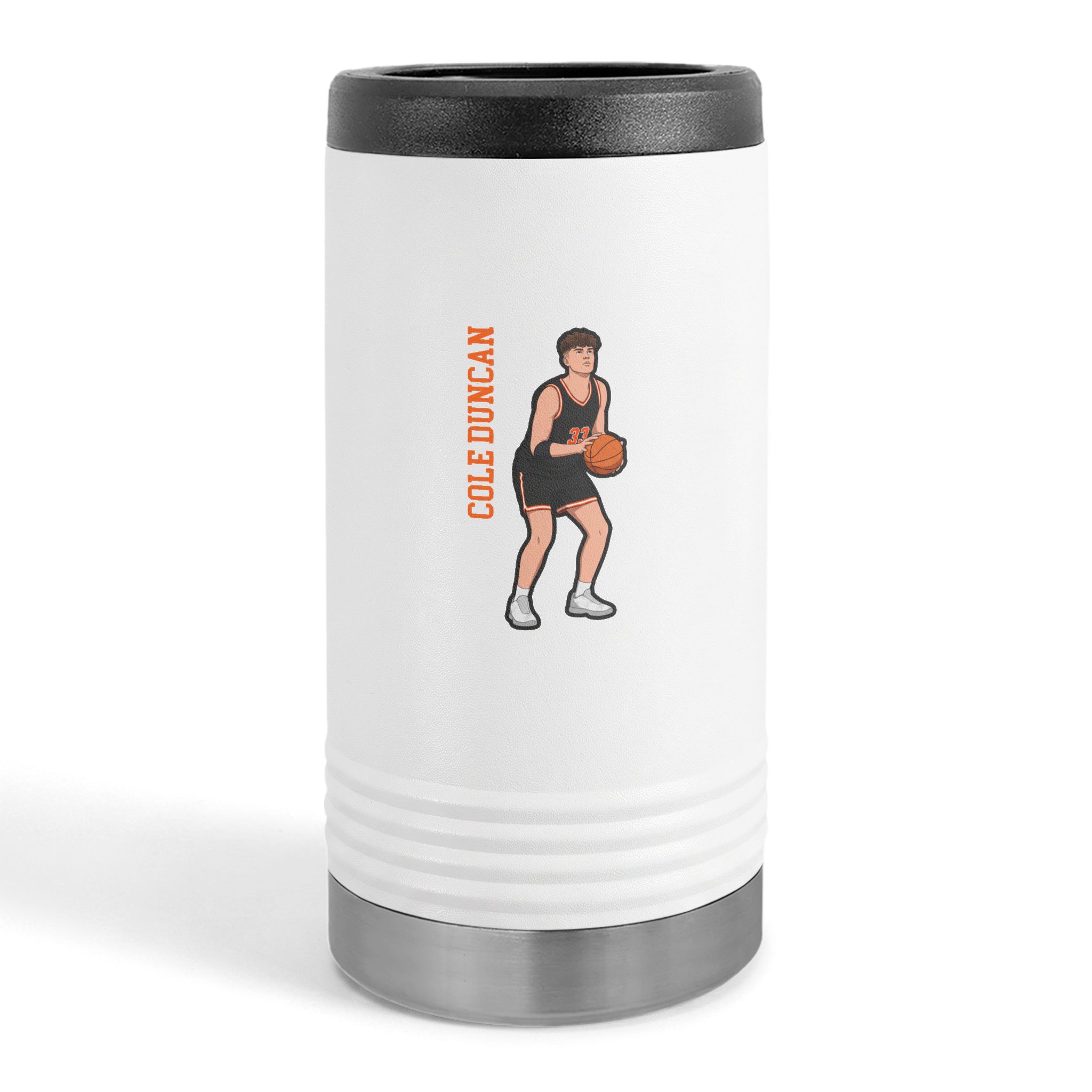 Slim Stainless Can Cooler — character_name_vertical in White