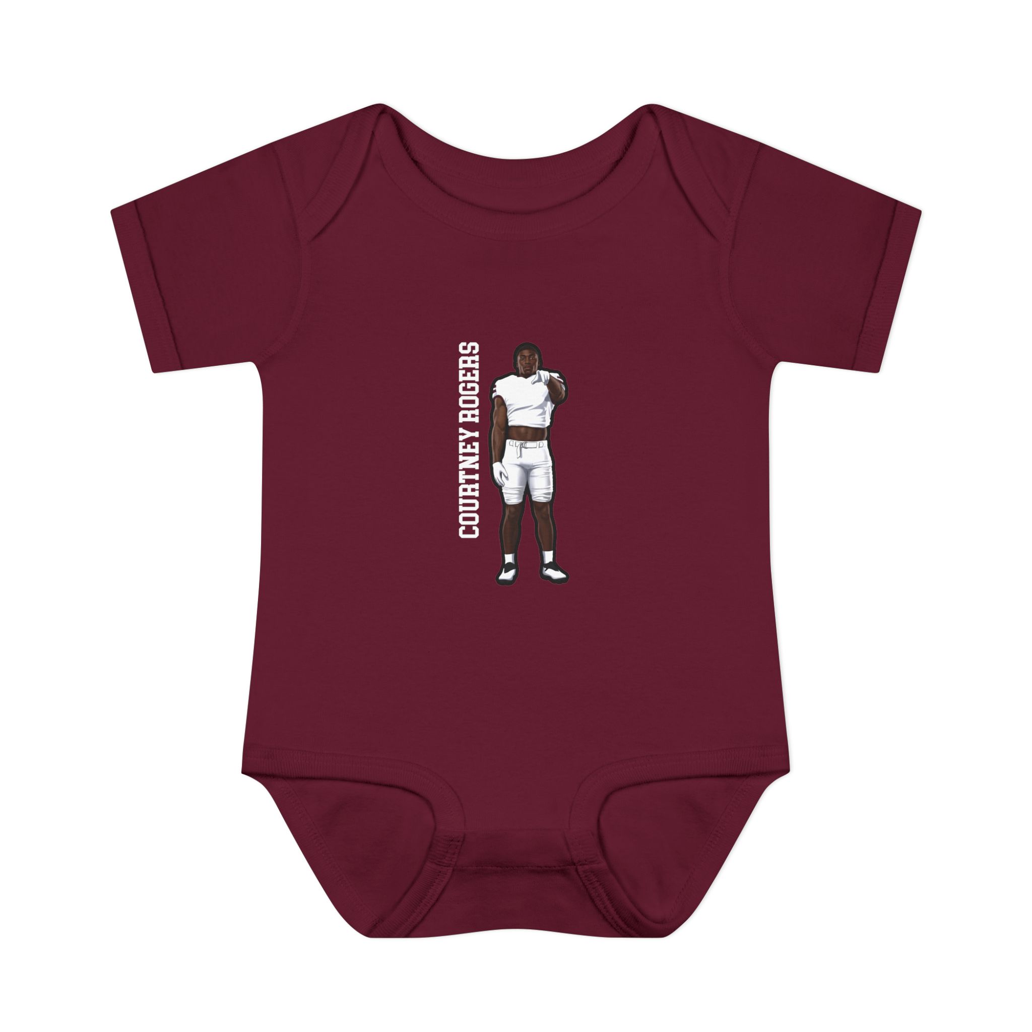 Baby Onesie — character_name_vertical in Maroon