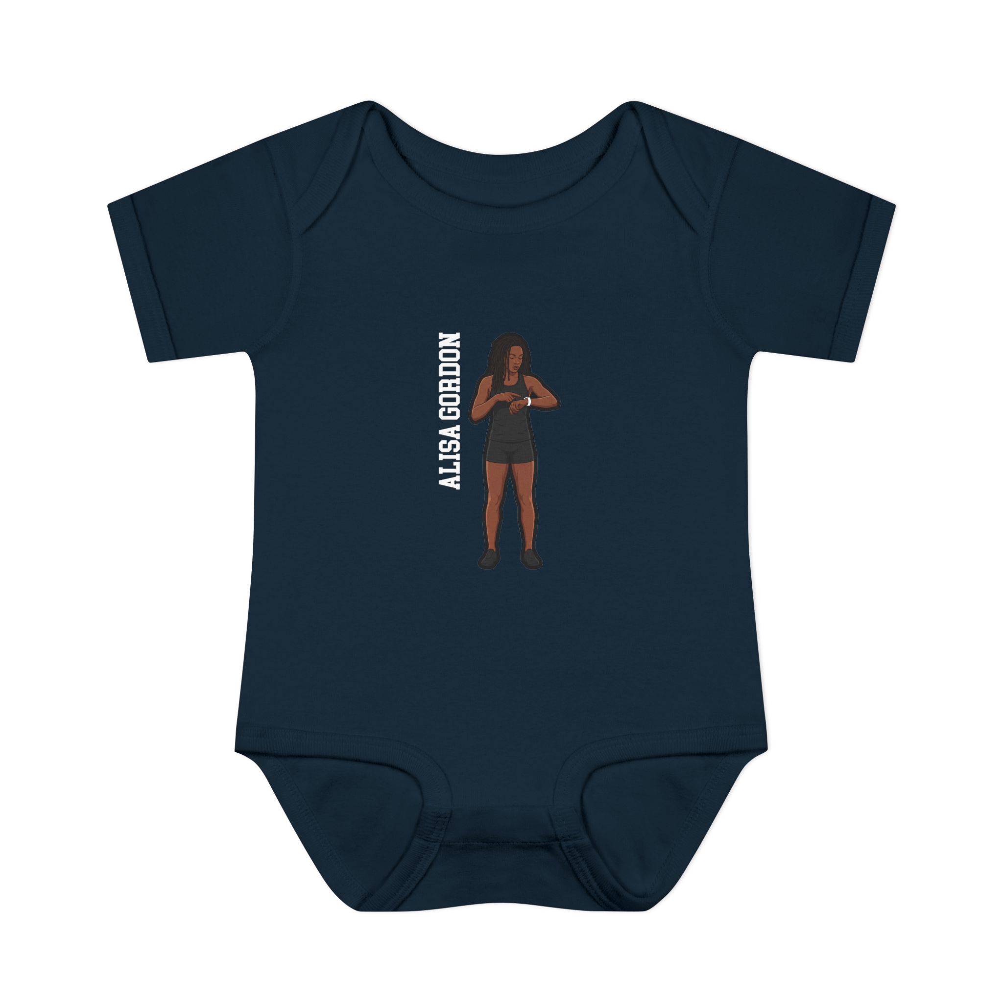 Baby Onesie — character_name_vertical in Navy