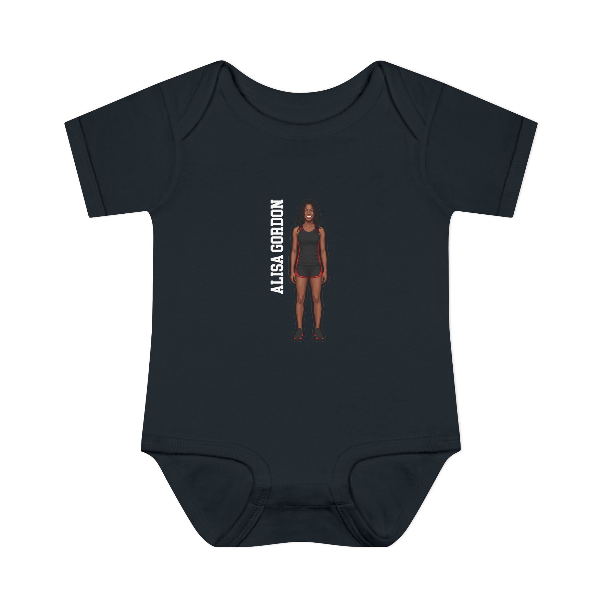 Baby Onesie — character_name_vertical in Black