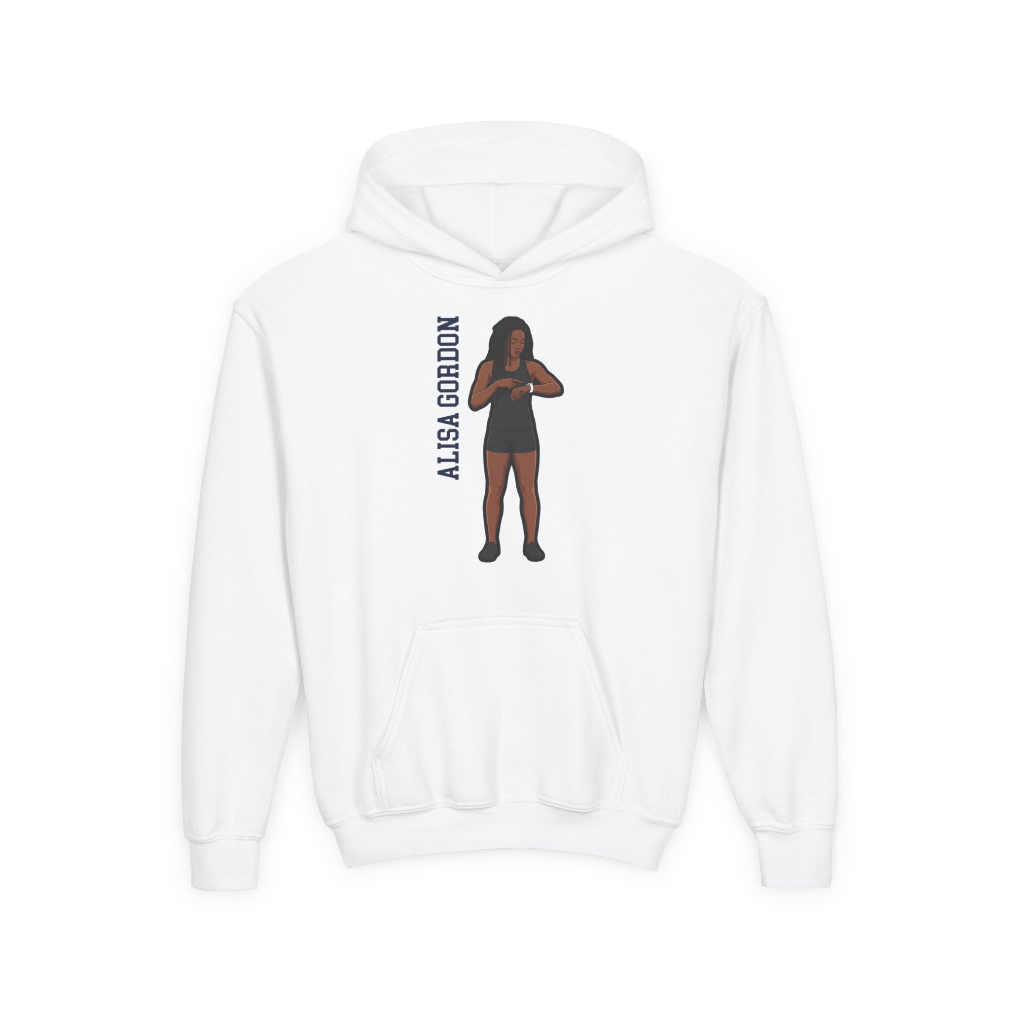 Youth Hoodie — character_name_vertical in White
