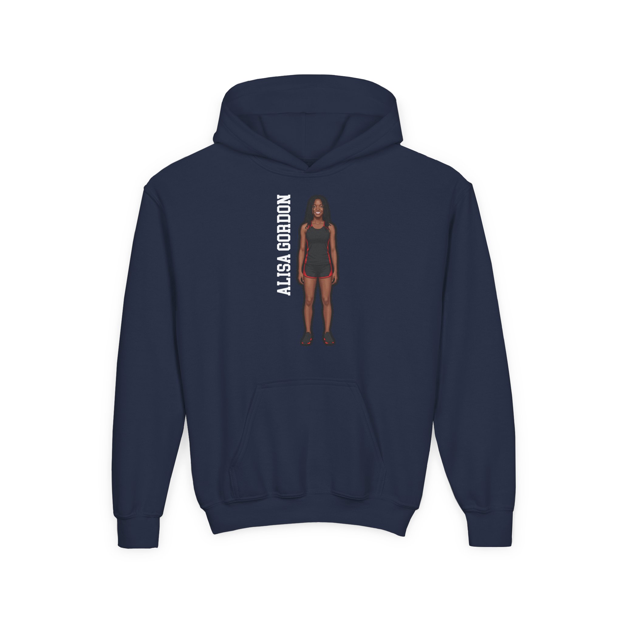 Youth Hoodie — character_name_vertical in Navy