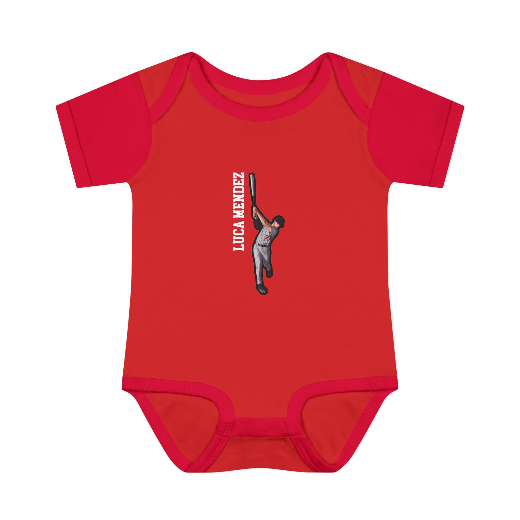 Baby Onesie — character_name_vertical in Red