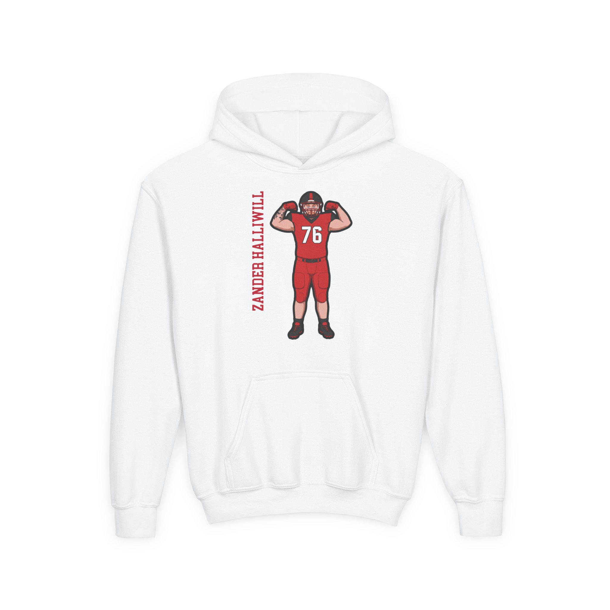 Youth Hoodie — character_name_vertical in White