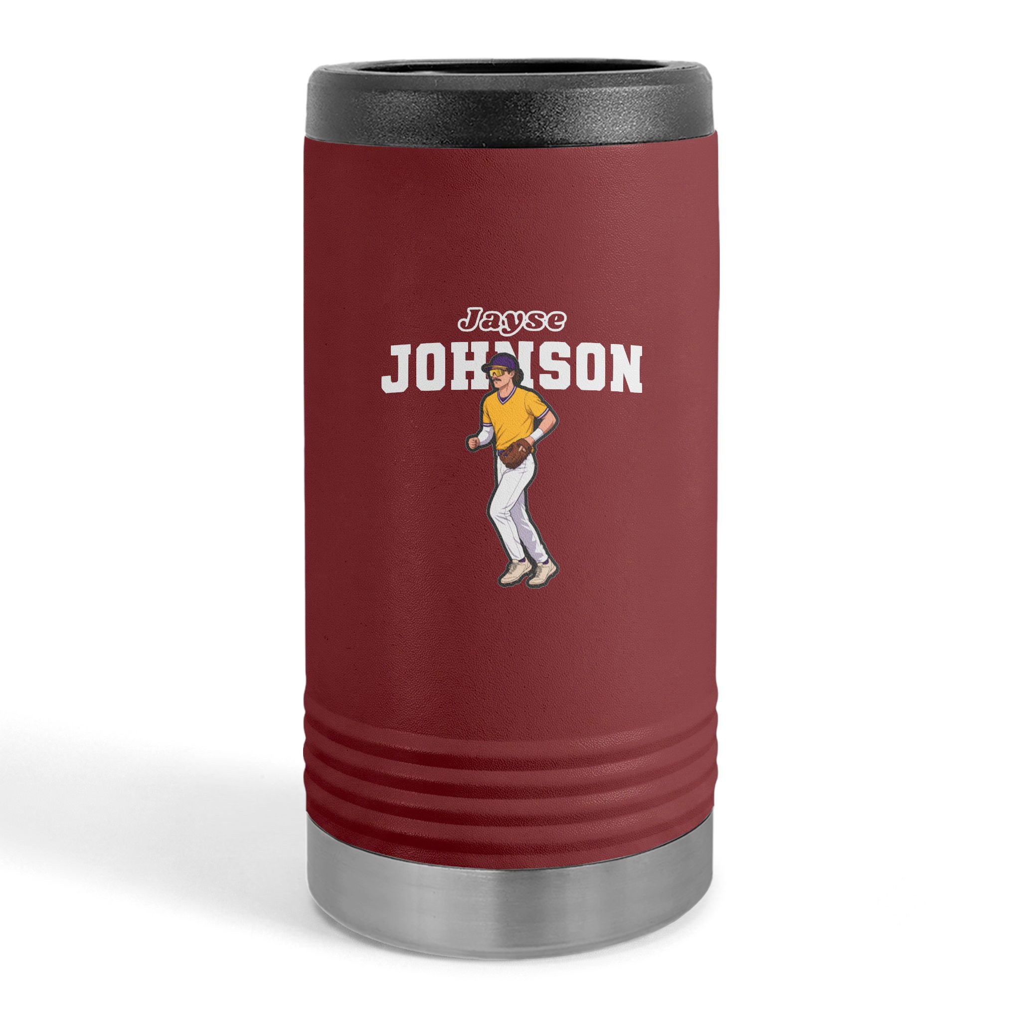 Slim Stainless Can Cooler — character_name_arch in Maroon
