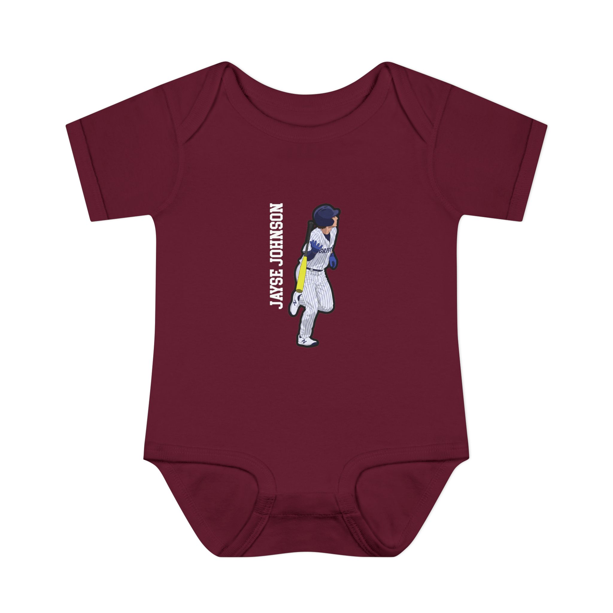 Baby Onesie — character_name_vertical in Maroon