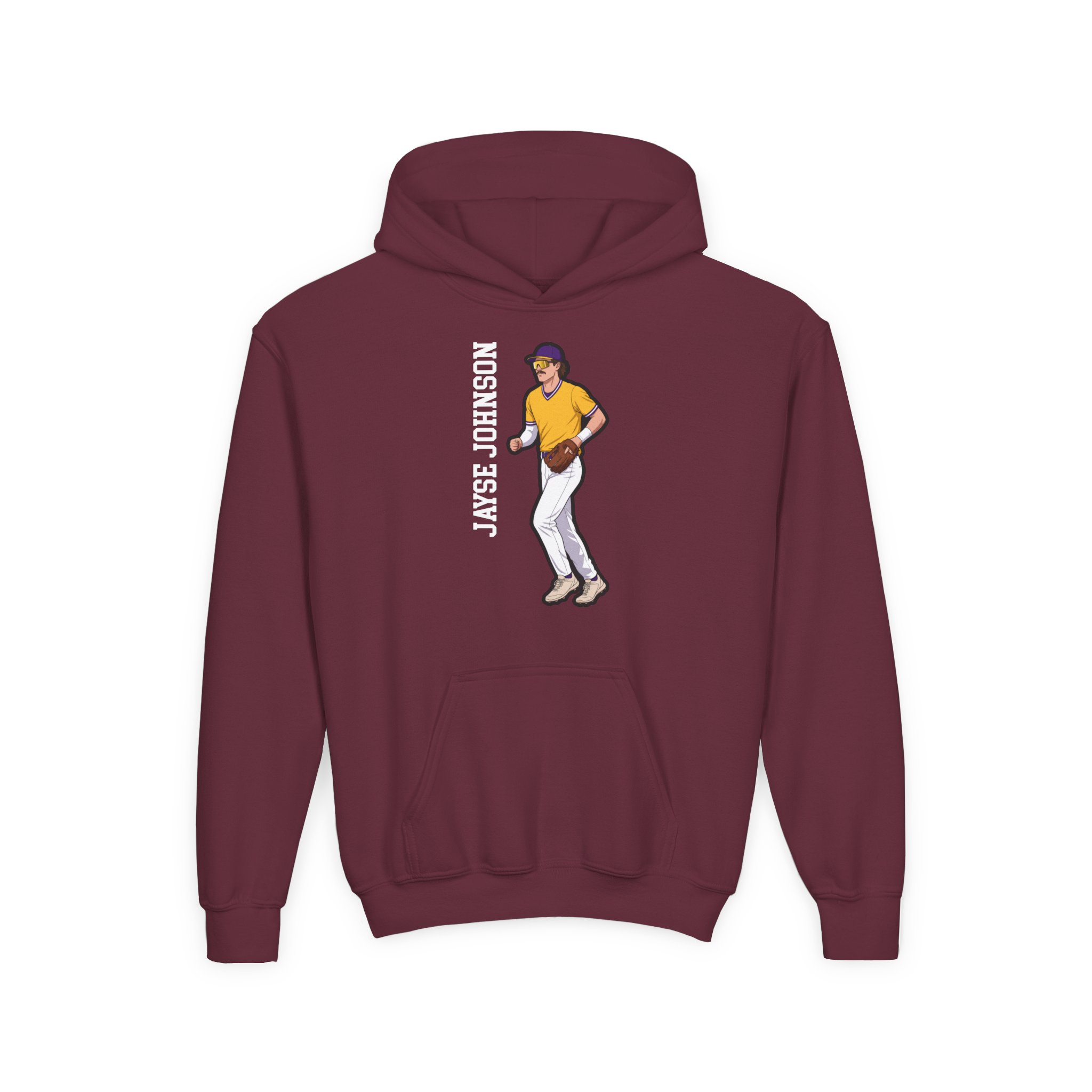 Youth Hoodie — character_name_vertical in Maroon